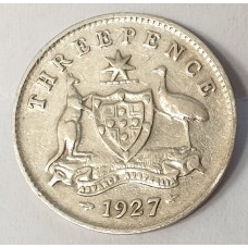 AUSTRALIA 1927 . THREEPENCE . VARIETY . DOT IN A FEW AREAS ON OBVERSE